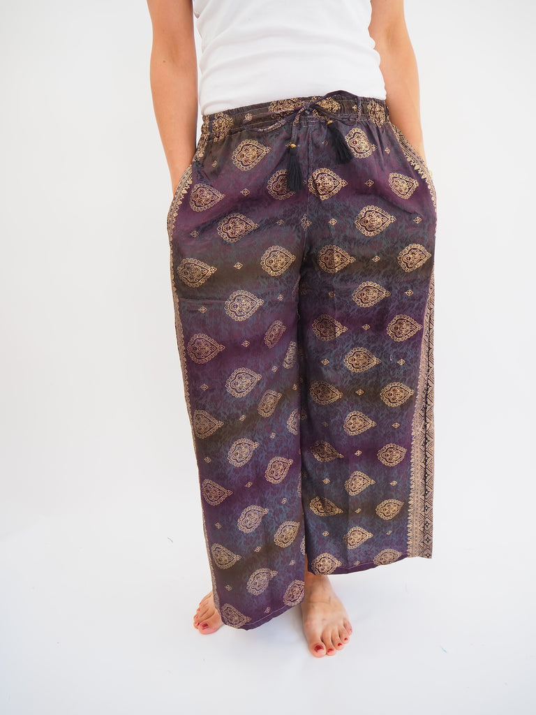 Mixed Gold Print Repurposed Sari Silk Drawstring Trousers
