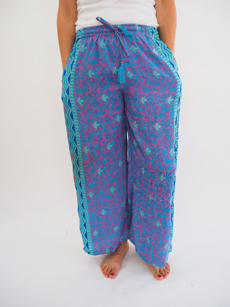 Turquoise Print Repurposed Sari Silk Drawstring Trousers