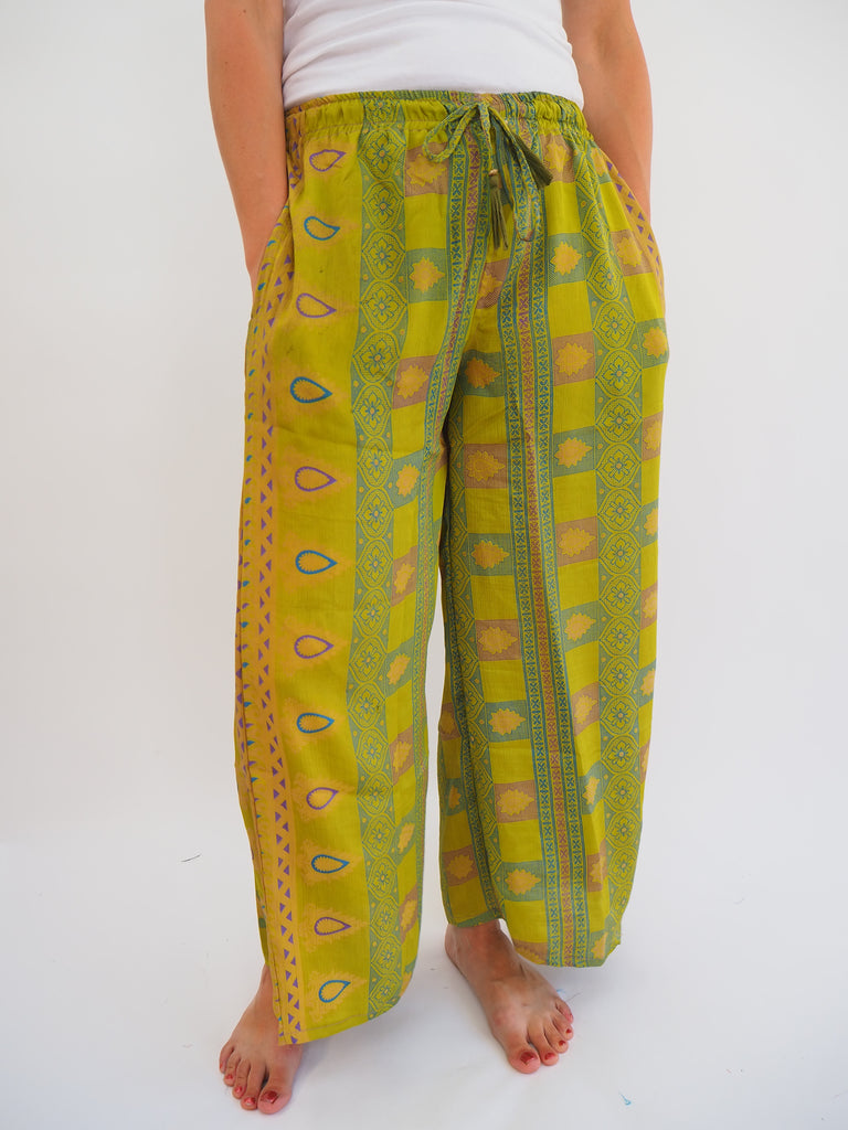 Green Mixed Print Repurposed Sari Silk Drawstring Trousers