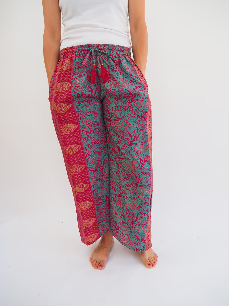 Pink and Green Print Repurposed Sari Silk Drawstring Trousers
