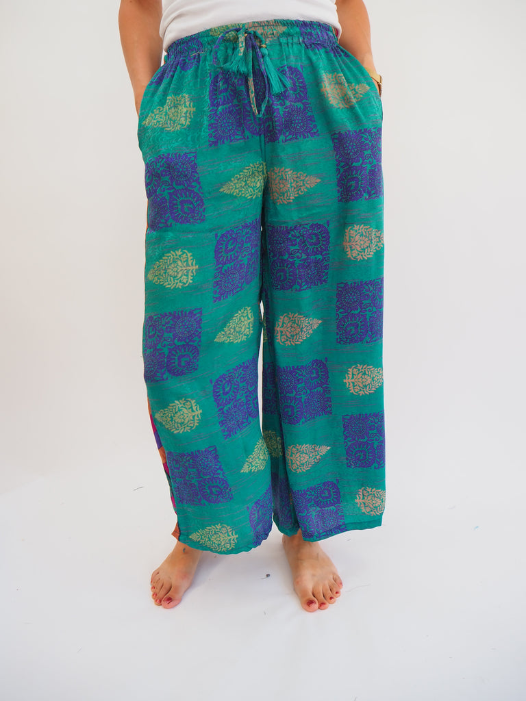 Bold Print Repurposed Sari Silk Drawstring Trousers
