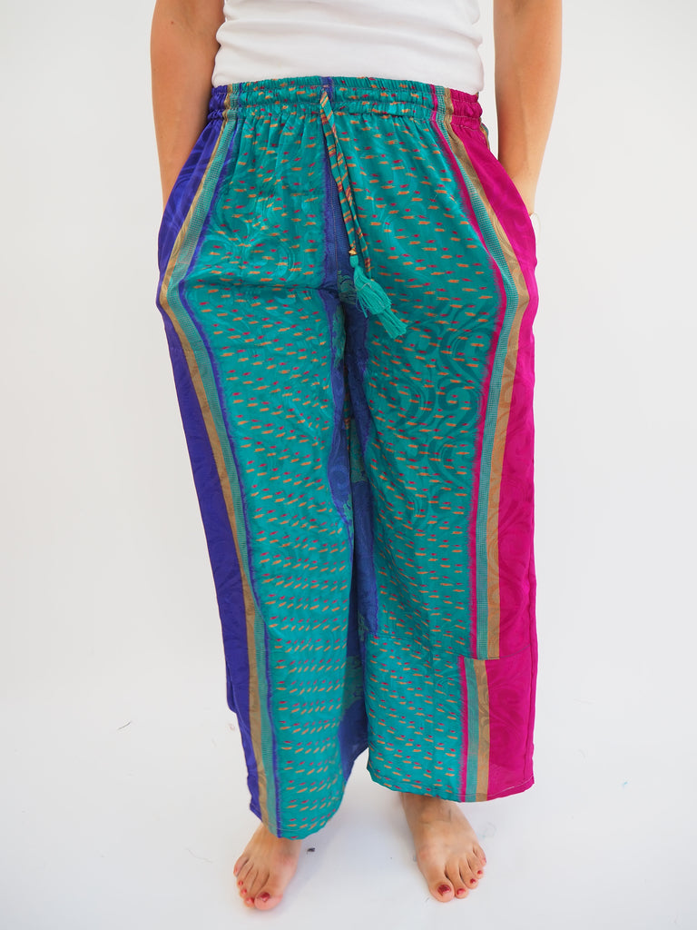 Side Stripe Print Repurposed Sari Silk Drawstring Trousers
