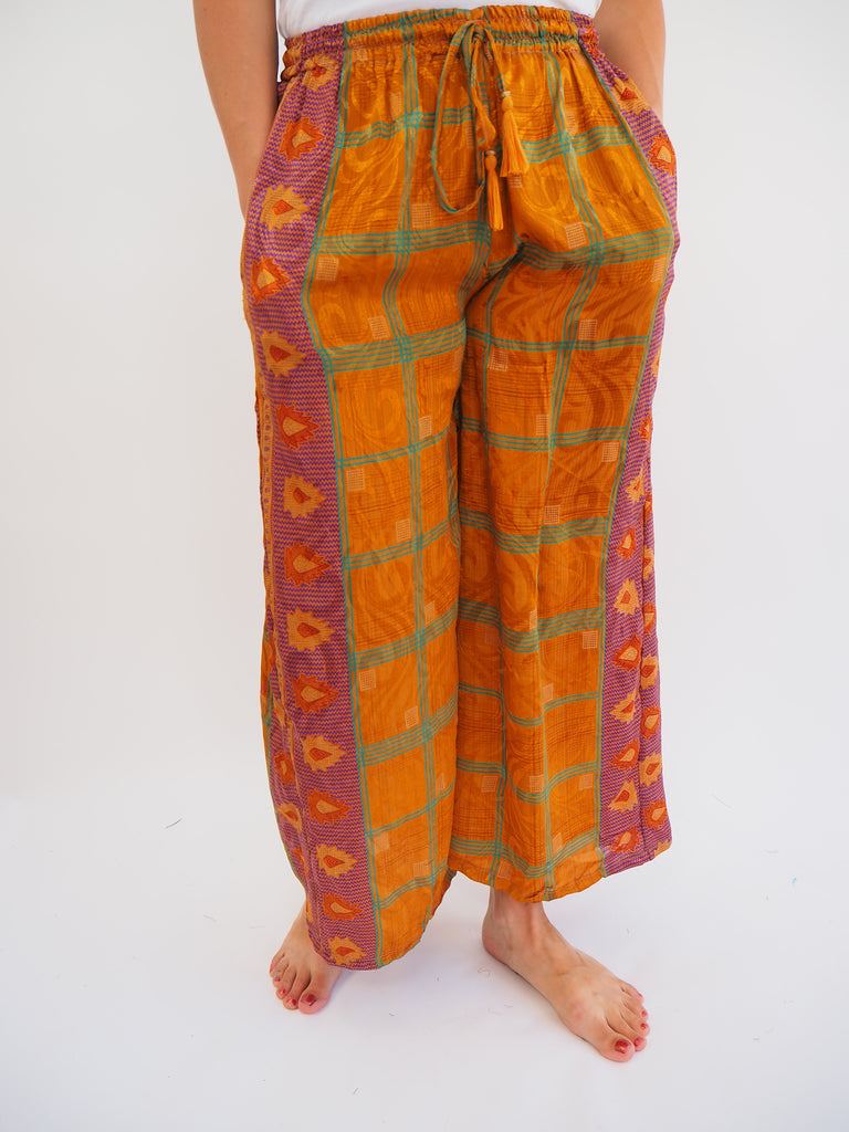 Orange Print Repurposed Sari Silk Drawstring Trousers