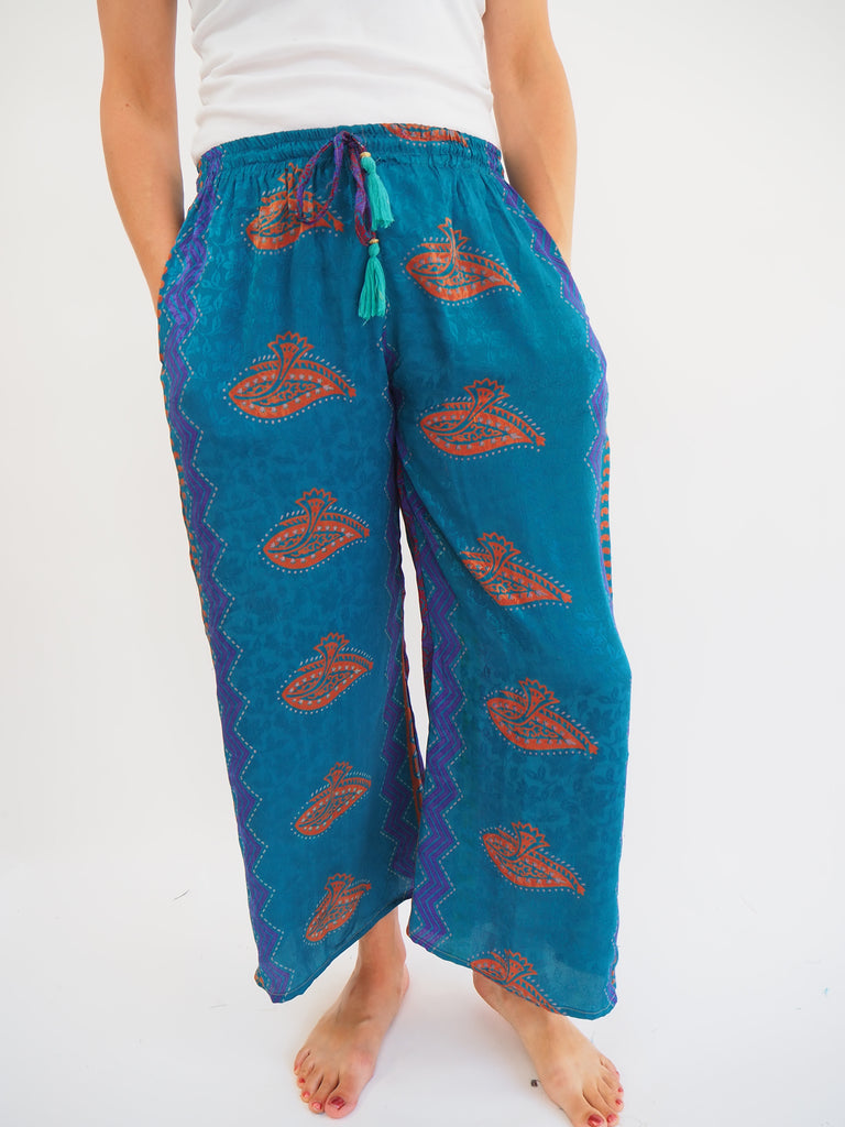 Blue Print Repurposed Sari Silk Drawstring Trousers
