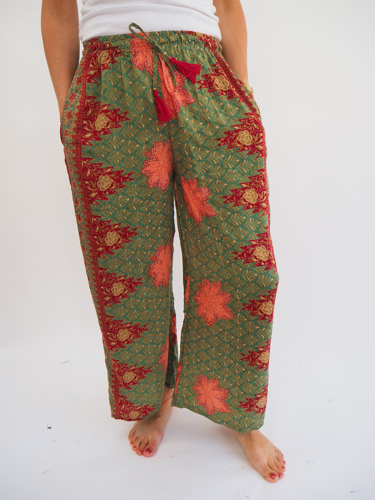 Green And Red Print Repurposed Sari Silk Drawstring Trousers