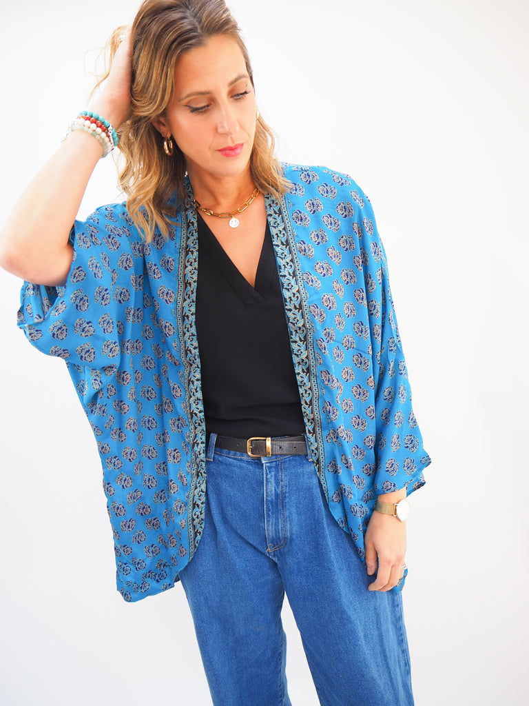 Blue Print Repurposed Sari Silk Short Kimono