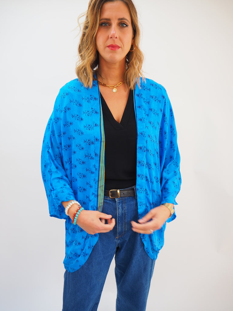 Bold Blue Print Repurposed Sari Silk Short Kimono