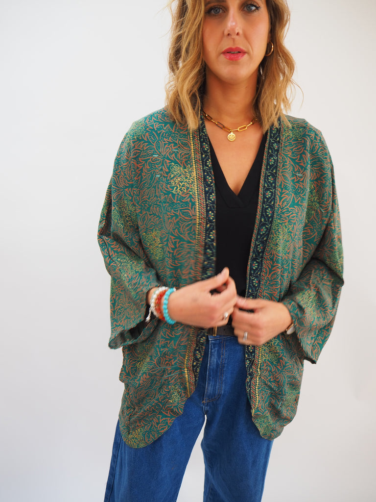 Green Vintage Print Repurposed Sari Silk Short Kimono