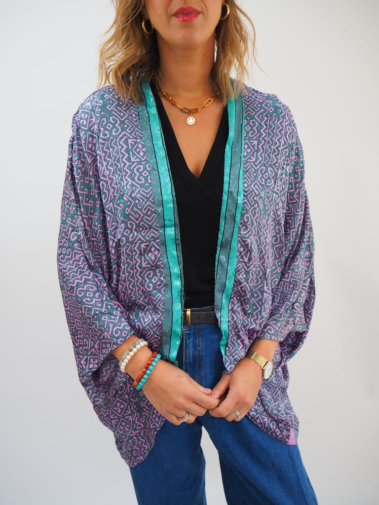 Lilac and Turquoise Print Repurposed Sari Silk Short Kimono