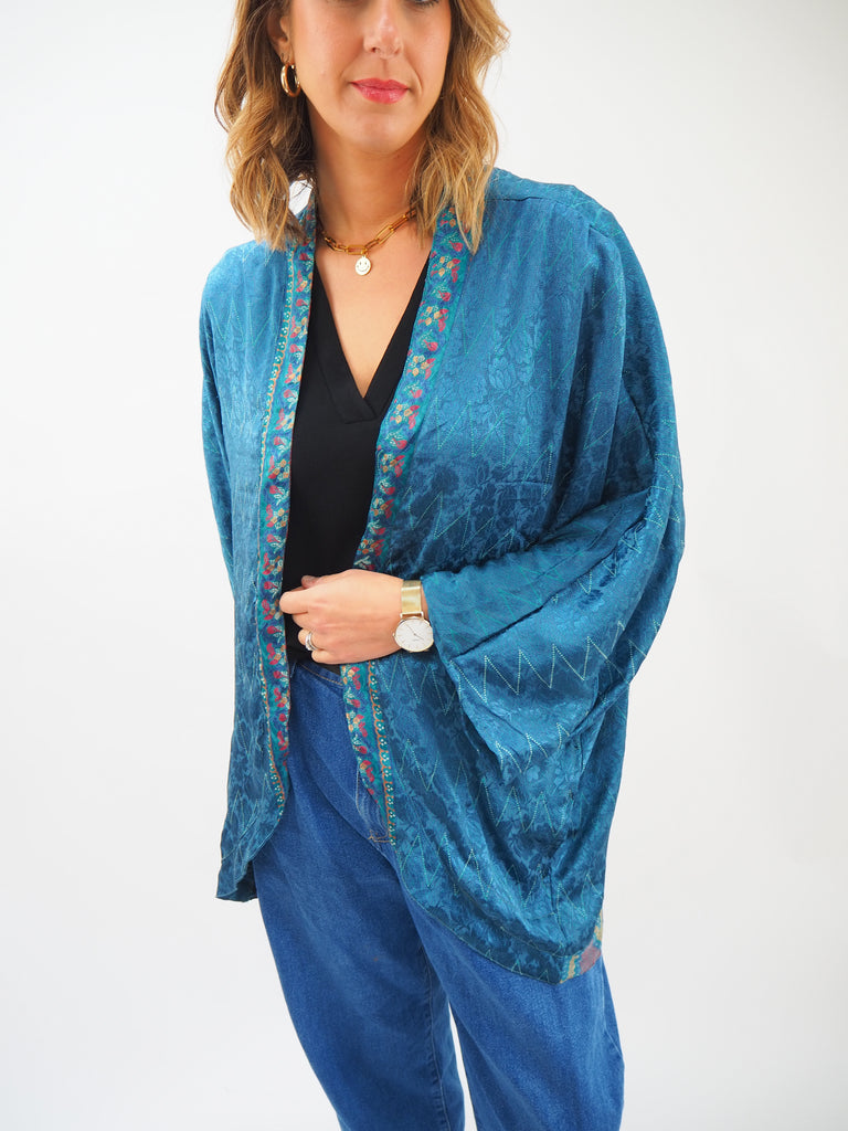 Blue Print Repurposed Sari Silk Short Kimono