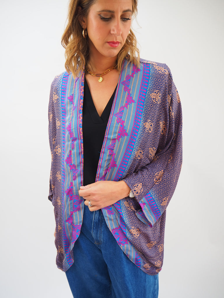 Blues Border Print Repurposed Sari Silk Short Kimono