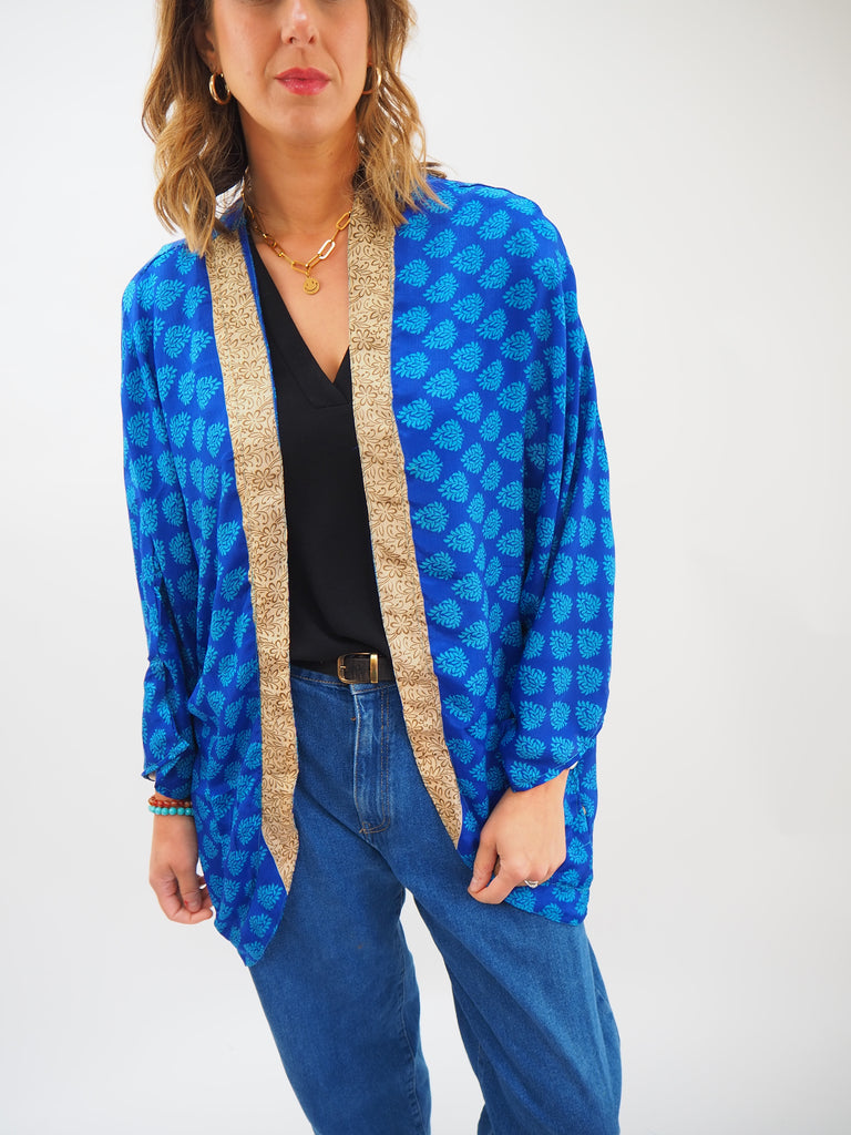 Bold Blues Border Print Repurposed Sari Silk Short Kimono