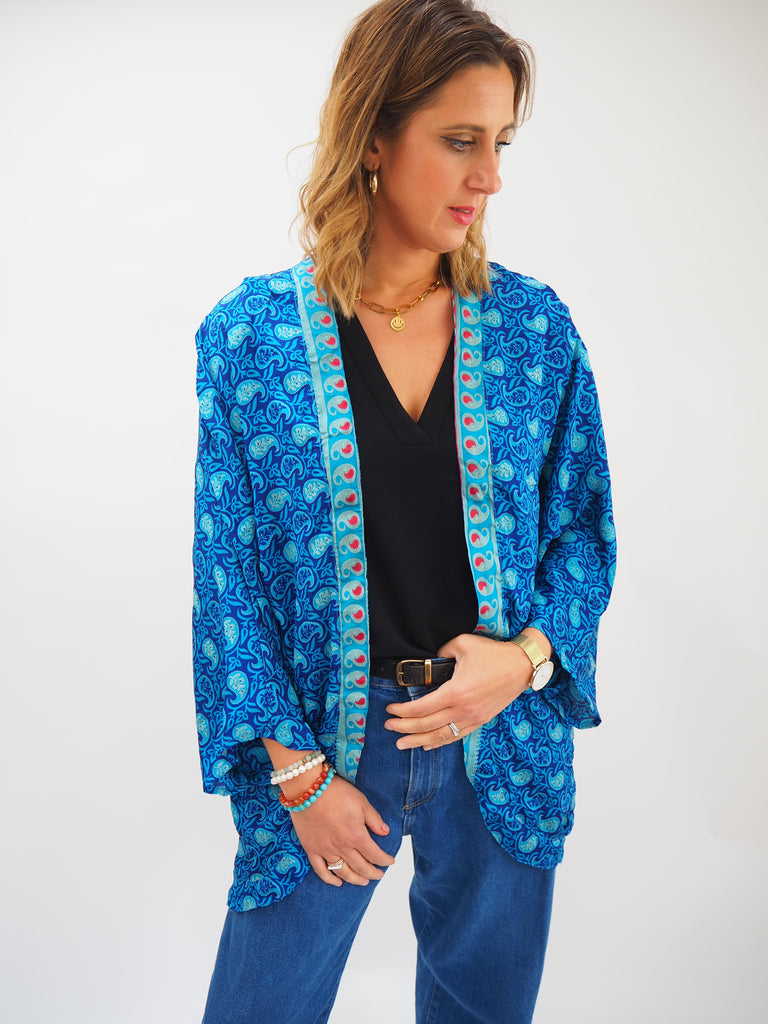 Blue Paisley Print Repurposed Sari Silk Short Kimono