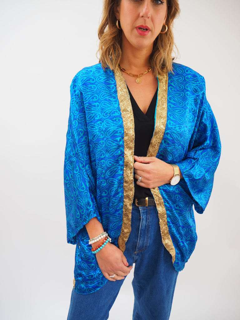 Blue Border Print Repurposed Sari Silk Short Kimono