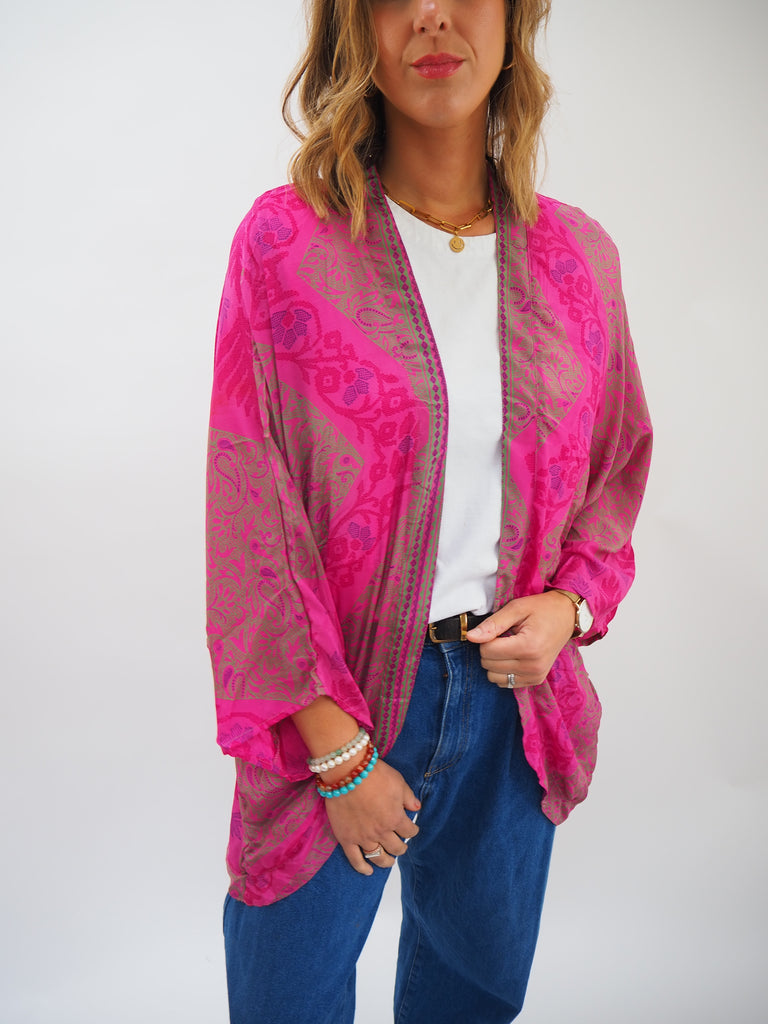 Bold Pink Print Repurposed Sari Silk Short Kimono