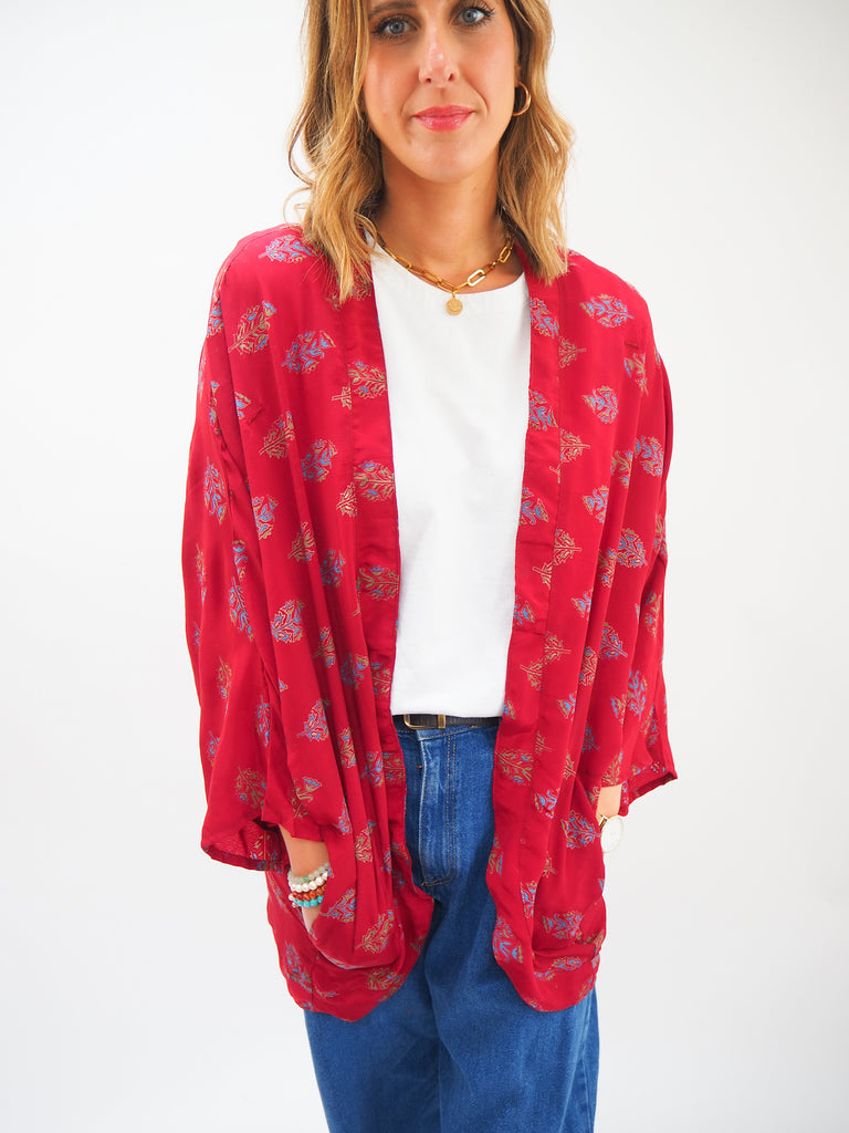 Red Print Repurposed Sari Silk Short Kimono