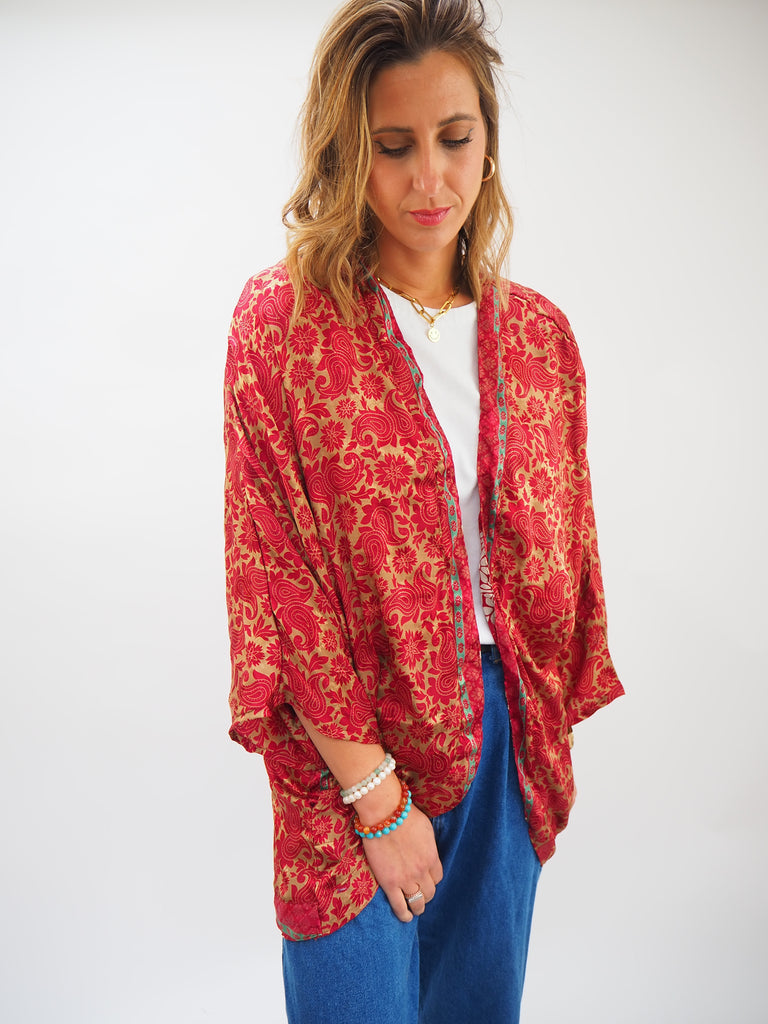 Red and Orange Print Repurposed Sari Silk Short Kimono