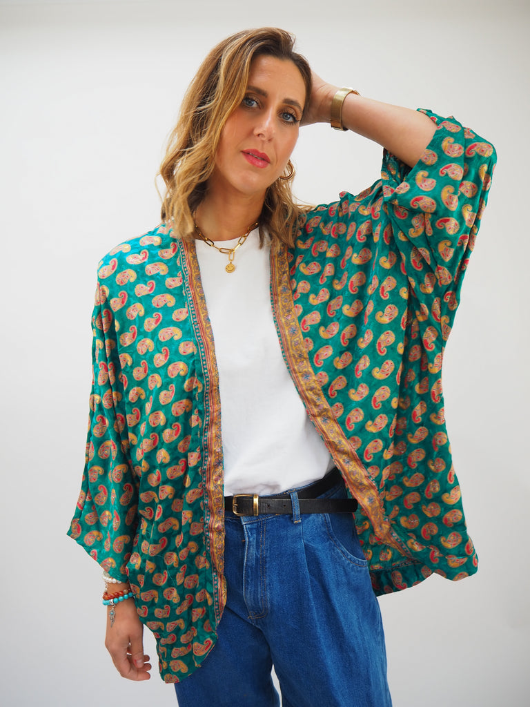 Green Paisley Print Repurposed Sari Silk Short Kimono