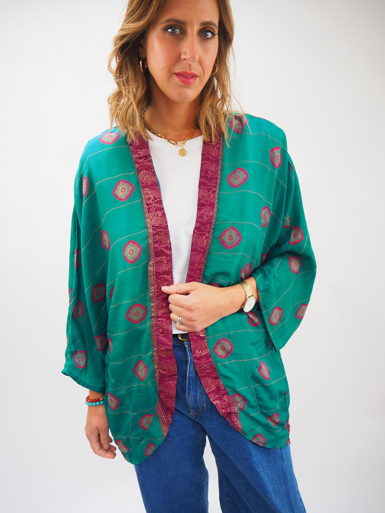 Green Bold Print Repurposed Sari Silk Short Kimono