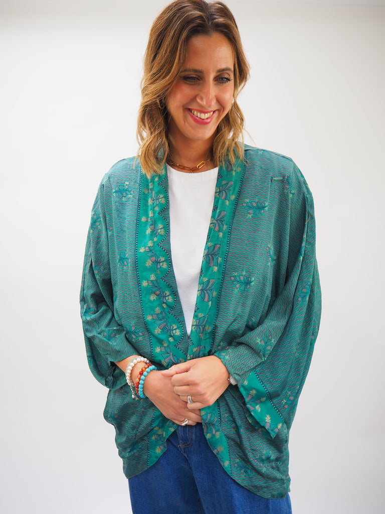 Green Print Repurposed Sari Silk Short Kimono