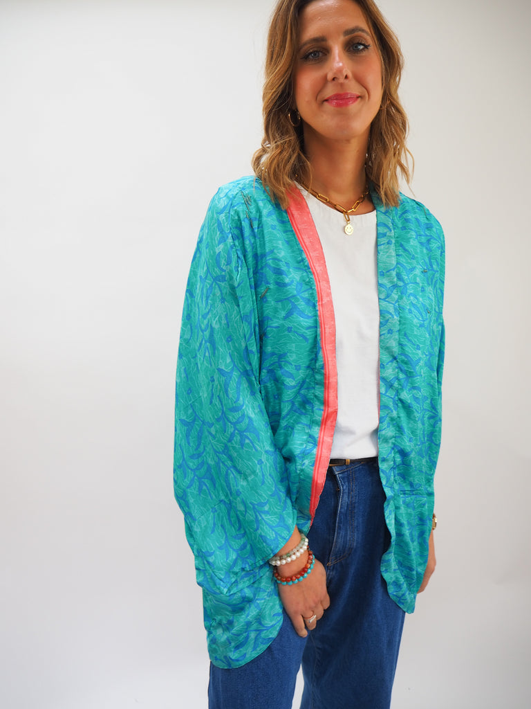 Turquoise Print Repurposed Sari Silk Short Kimono
