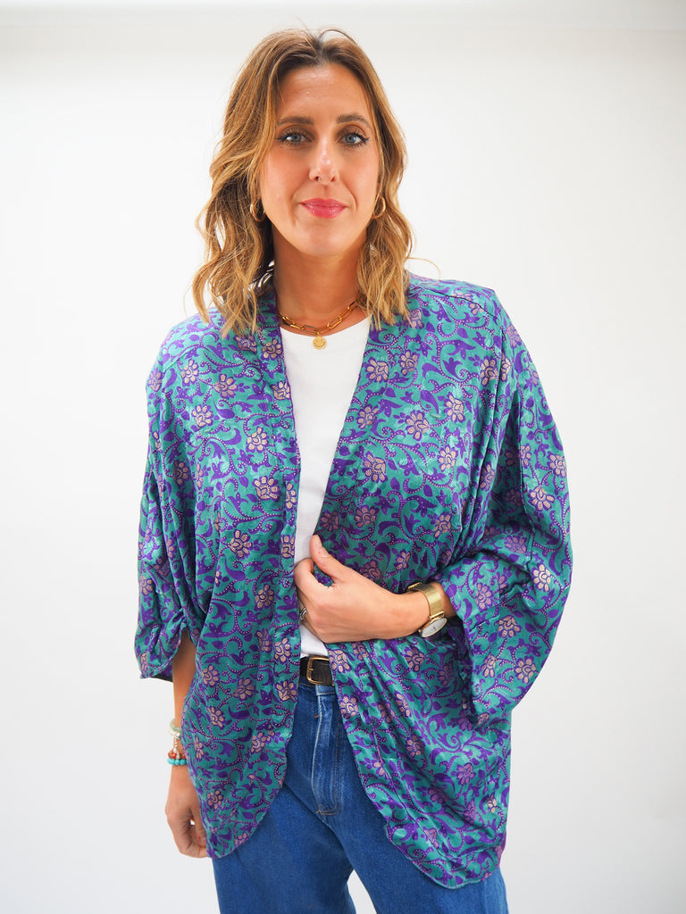 Purple & Green Floral Print Repurposed Sari Silk Short Kimono