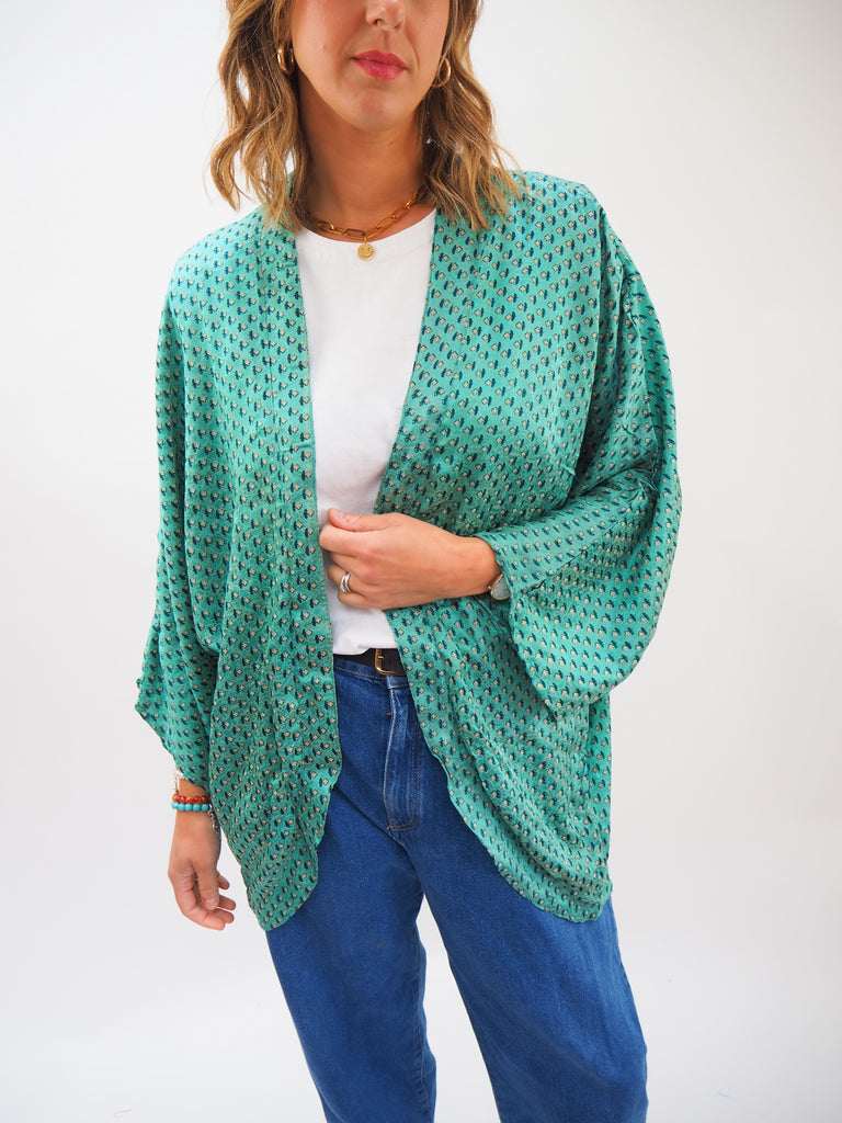 Green Micro Print Repurposed Sari Silk Short Kimono