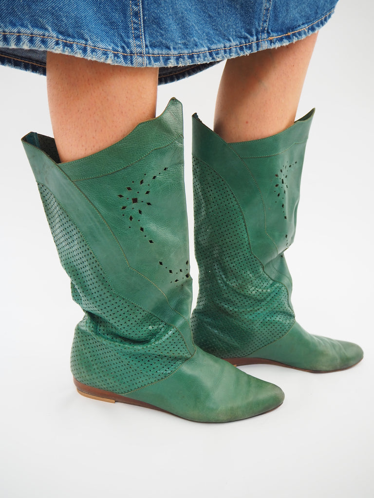 Vintage Green Leather Boots Size UK7