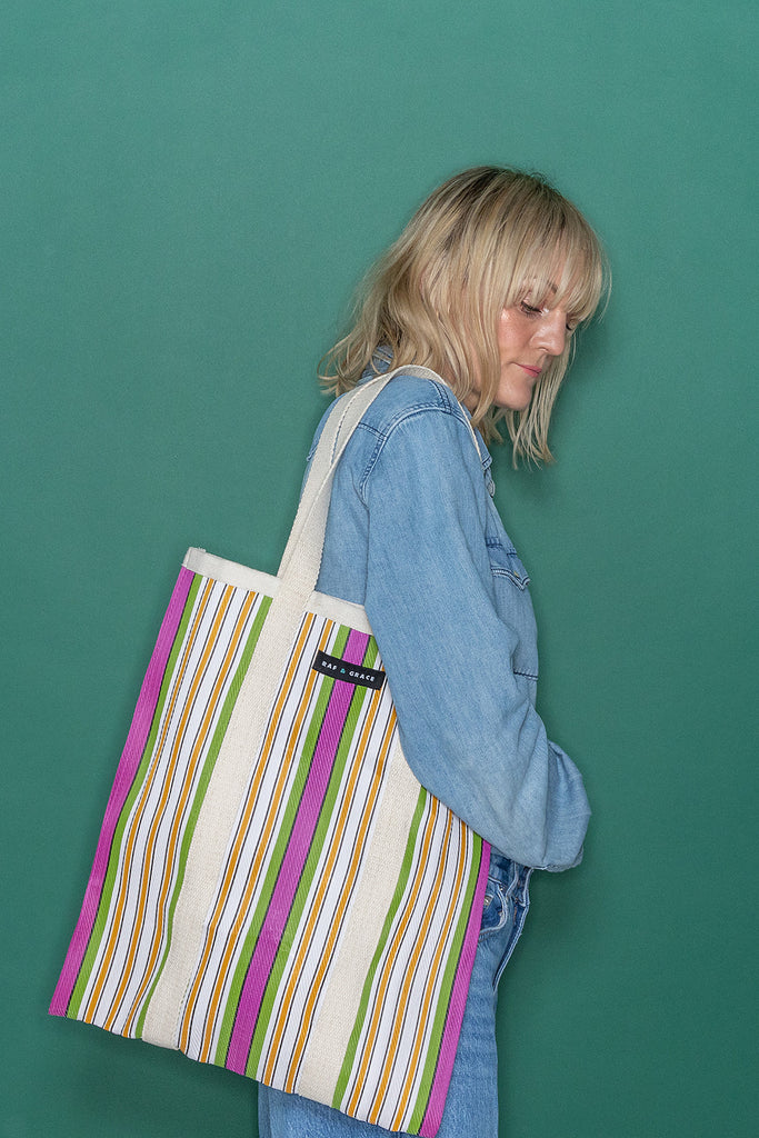 Recycled Plastic Pink and Green Stripe Tote Bag