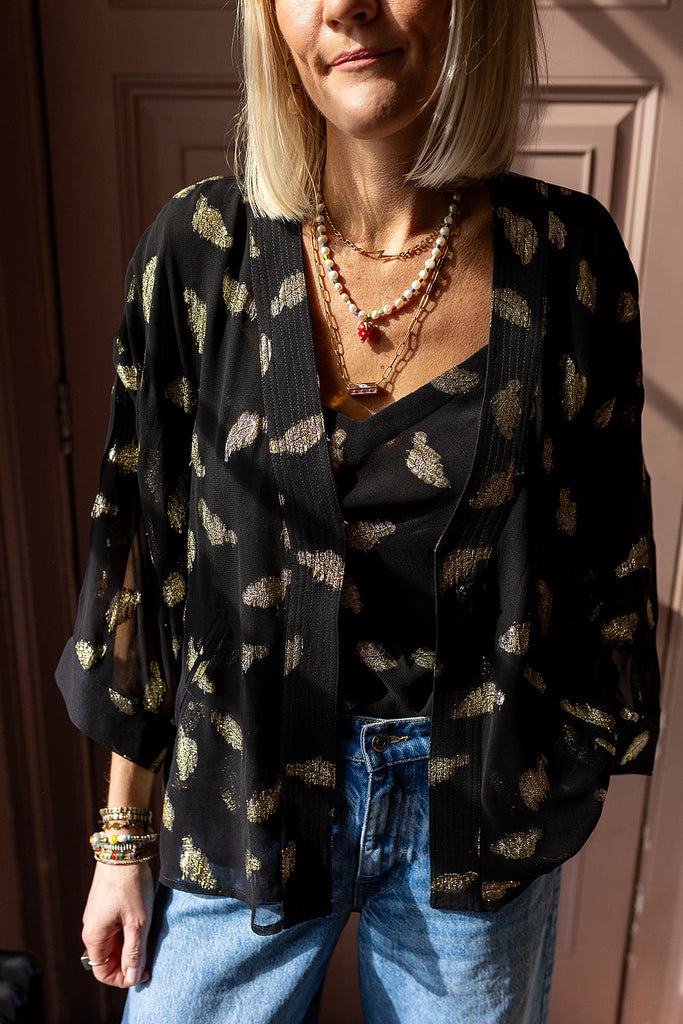 Black & Gold Feather Katy Kimono Jacket