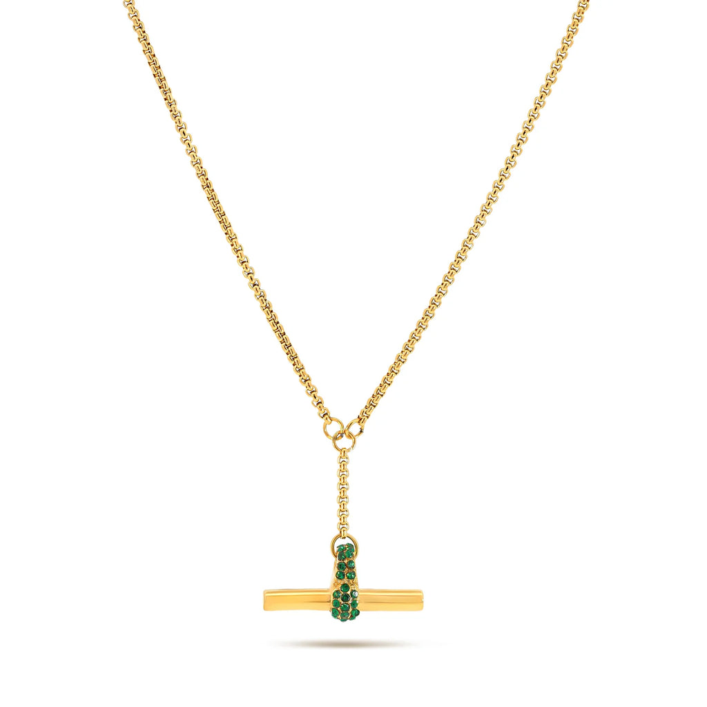 XUXA Embellished T-Bar with Forest Green Cubic Zirconia Necklace