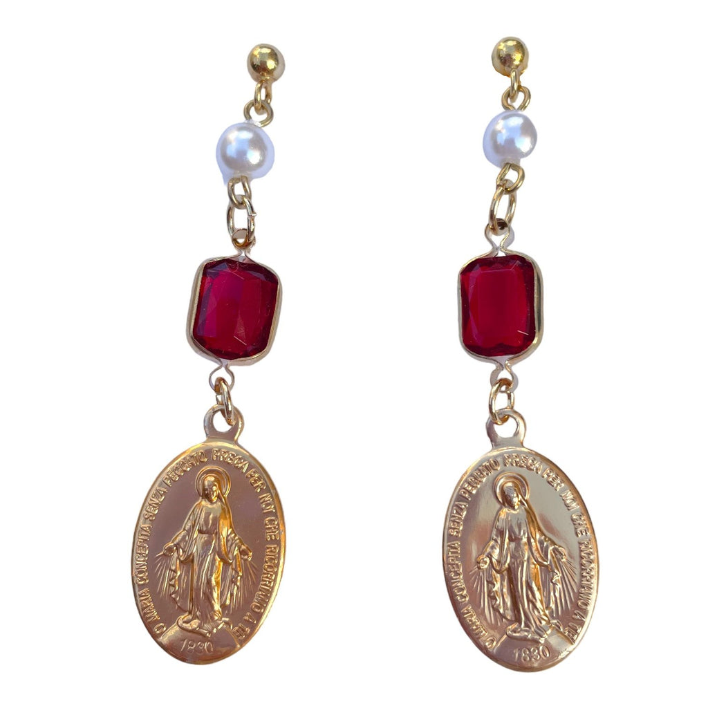 Holy Recycle Holy Mary & Red Wine Drop Earrings