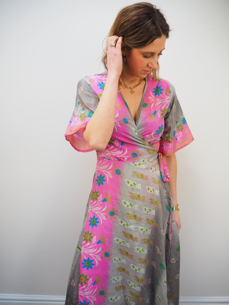 Pink and Neutral Floral Print Recycled Sari Silk Wrap Dress