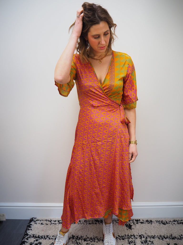 Coral Mixed Print Recycled Sari Silk Wrap Dress