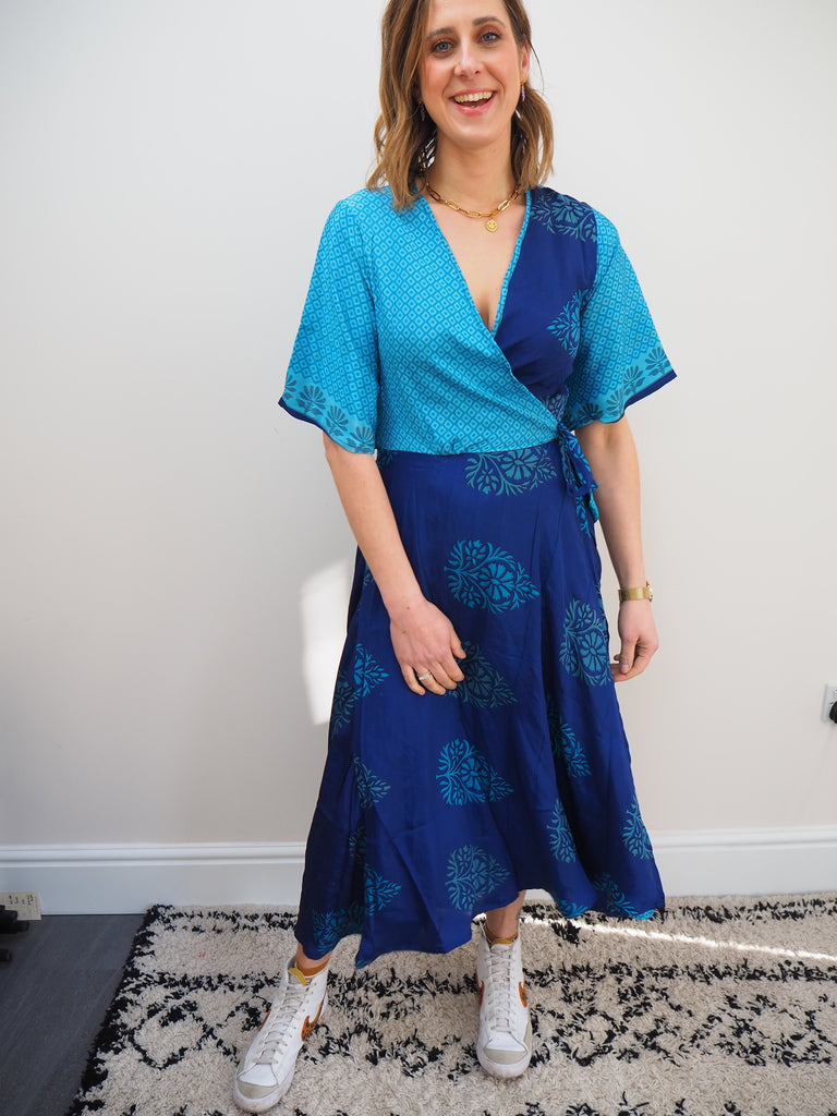 Blue Mixed Print Recycled Sari Silk Wrap Dress