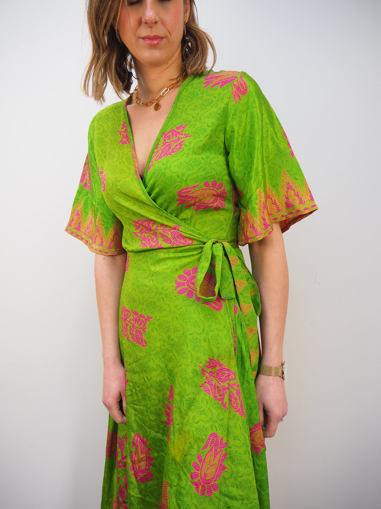Green Print Recycled Sari Silk Wrap Dress