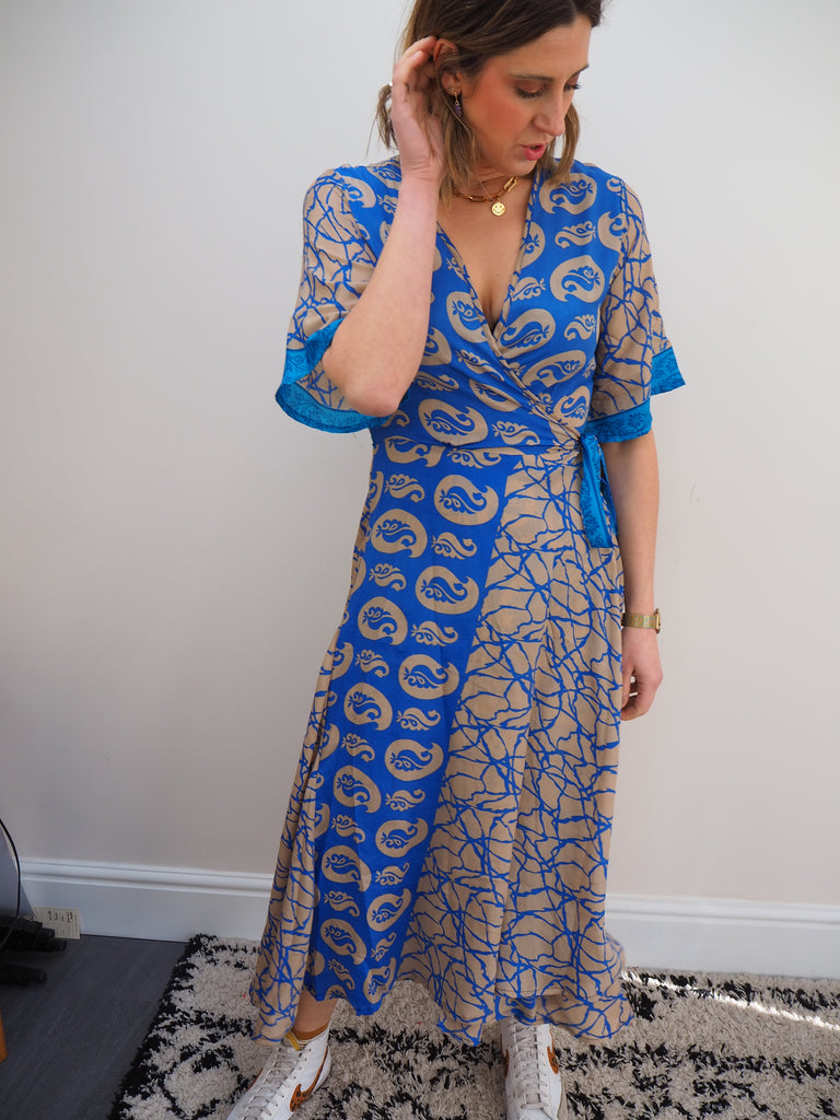 Blue and Neutral Print Recycled Sari Silk Wrap Dress