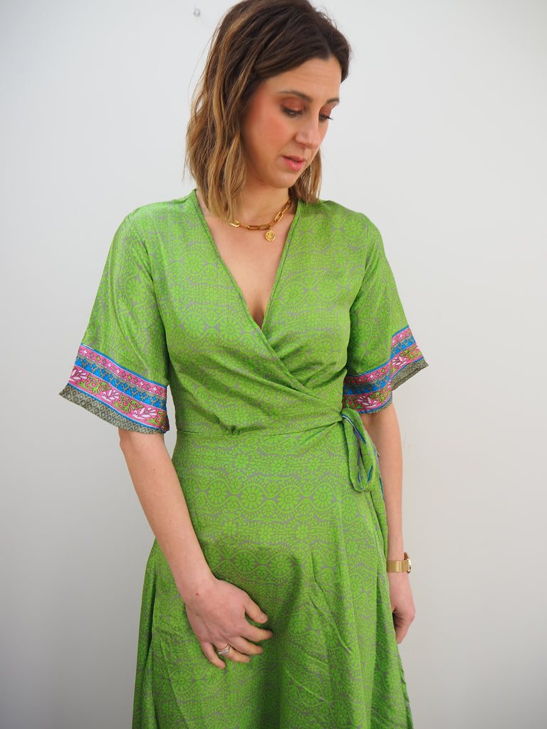 Green Border Print Recycled Sari Silk Wrap Dress