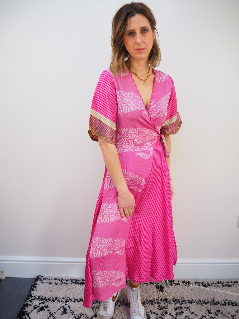 Pink Print Recycled Sari Silk Wrap Dress