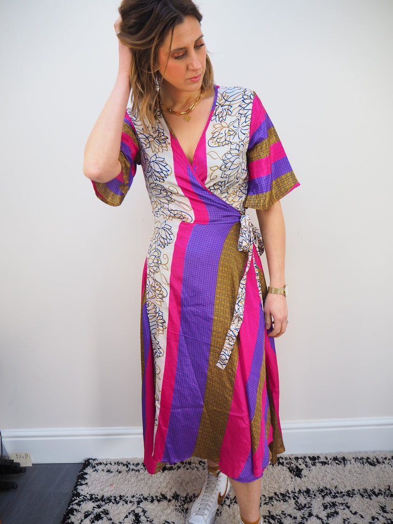 Pink and Purple Mixed Print Recycled Sari Silk Wrap Dress