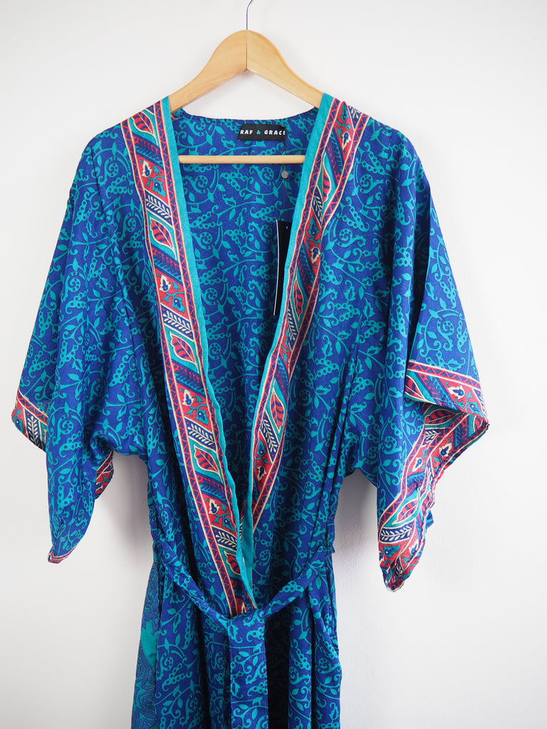 Blues Border Print Recycled Sari Silk Kimono