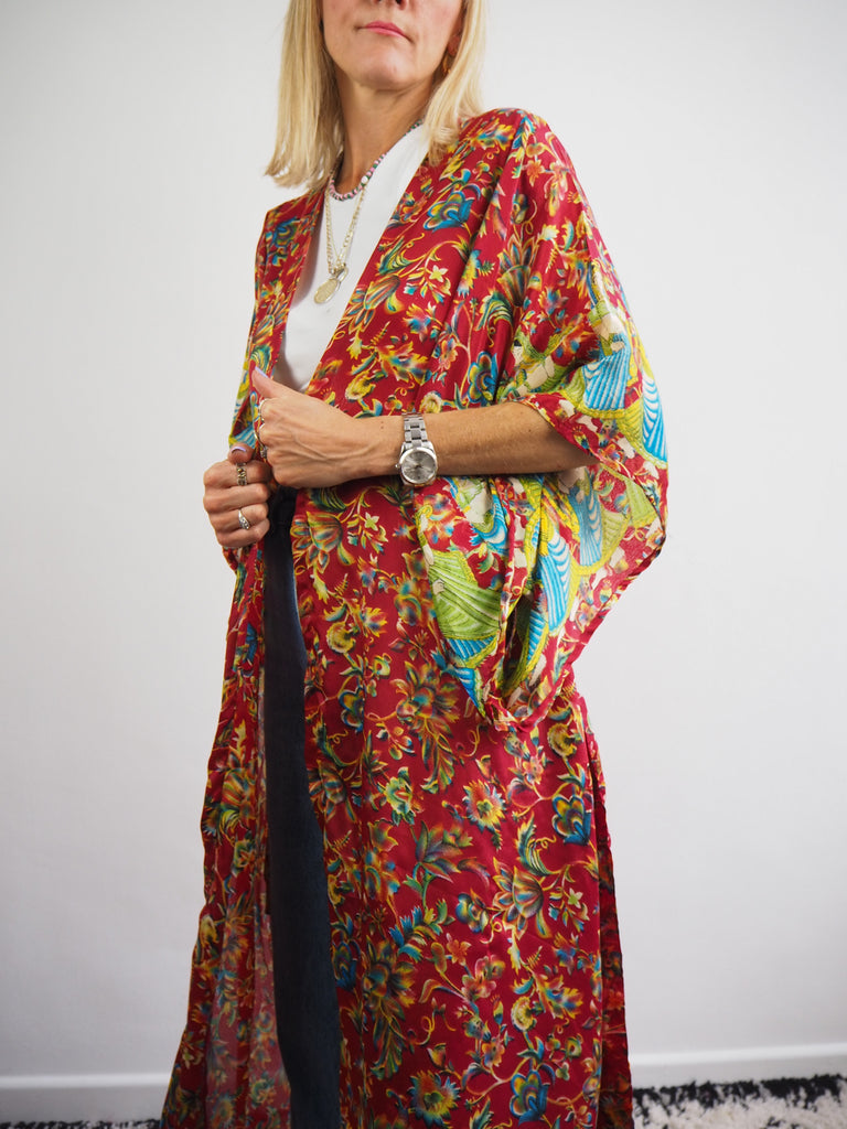 Floral Border Print Recycled Sari Silk Kimono