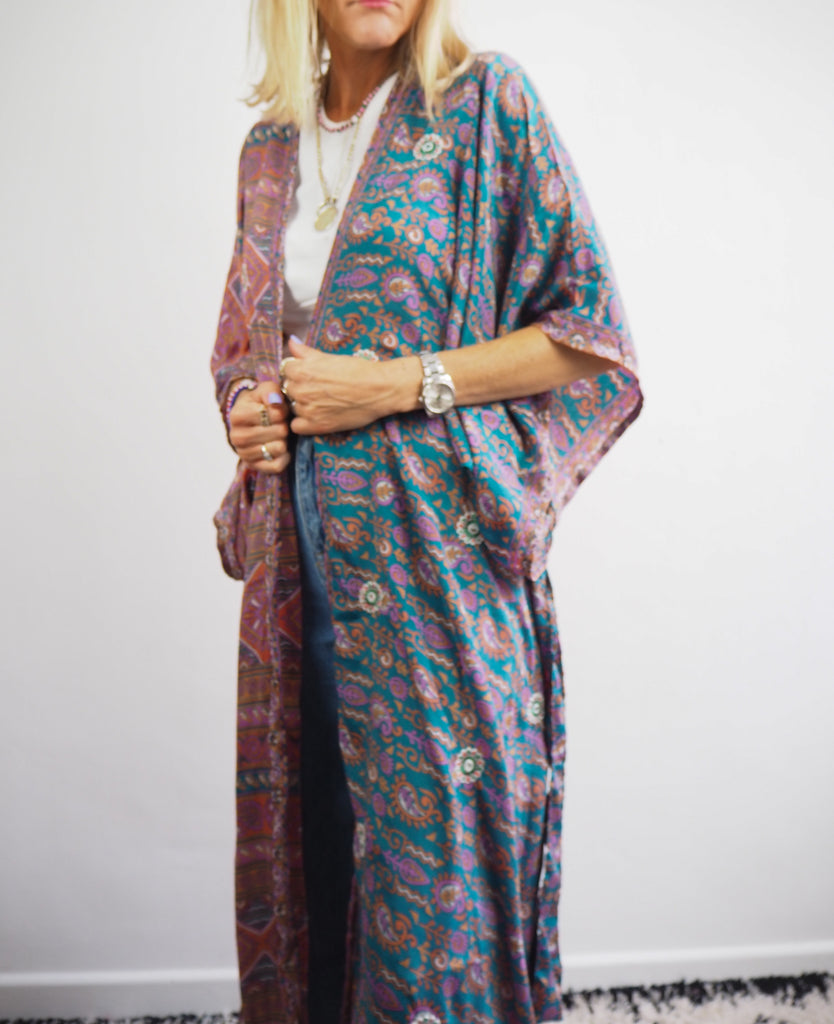 Half and Half Embroidered Print Recycled Sari Silk Kimono