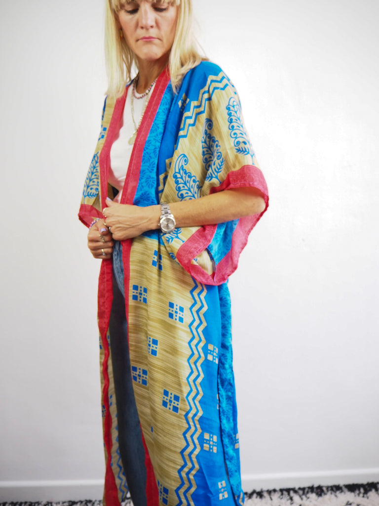 Blue and Red Print Recycled Sari Silk Kimono