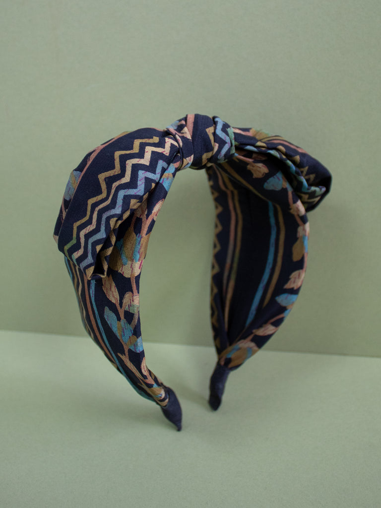 Sari Silk Dark Blue Striped Bow Headband