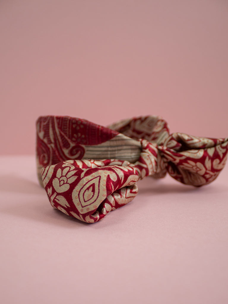 Sari Silk Red and Cream Bow Headband