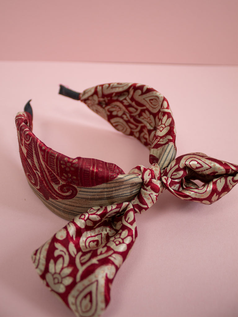 Sari Silk Red and Cream Bow Headband
